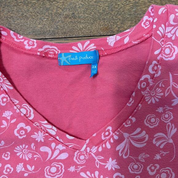 Fresh Produce Pink Floral V Neck T Shirt SZ 3X USA Cotton Pocket Casual Cottage - Picture 3 of 8